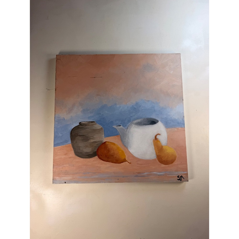 Su Magby Still Life Painting Unisex 20x20 Peach Blue Excellent Original Acrylic